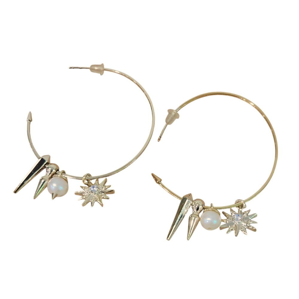 Kendra Scott Cindy Charm Medium 2" Hoop Earrings Gold Celestial‎ Pearl Spikes